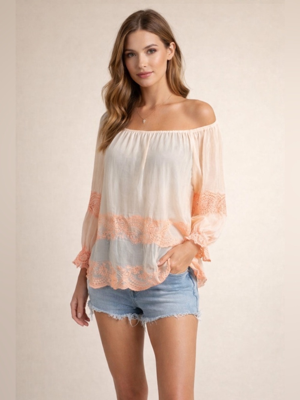 Freeway Peach Sheer and Lace Blouse